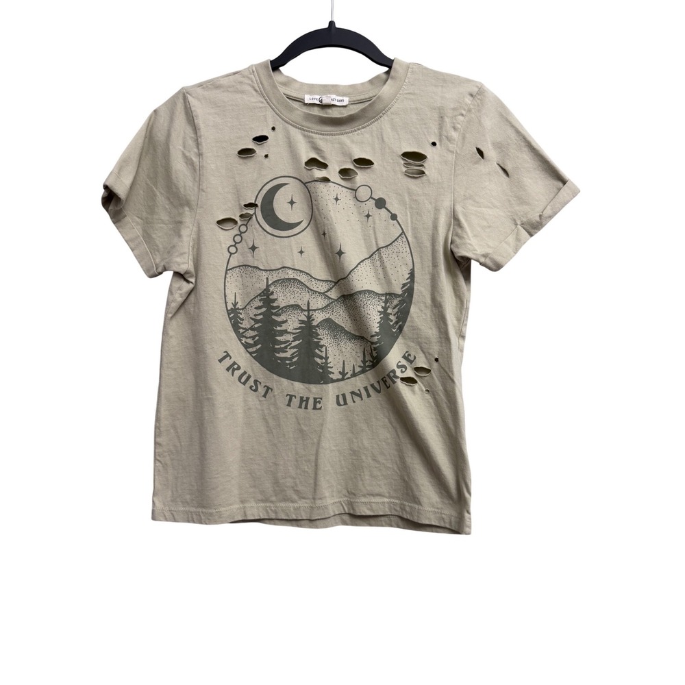 Love & Lazy Days Trust The Universe Distressed Graphic Tee‎ XS Sage Green Cactus